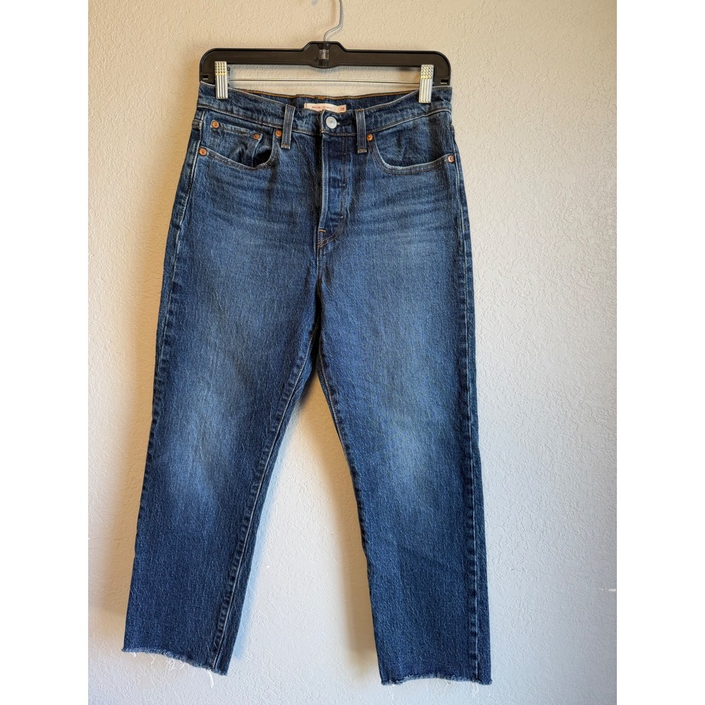 Levis Premium Wedgie Straight Jeans 28 Womens Blue High Rise Raw Hem Denim